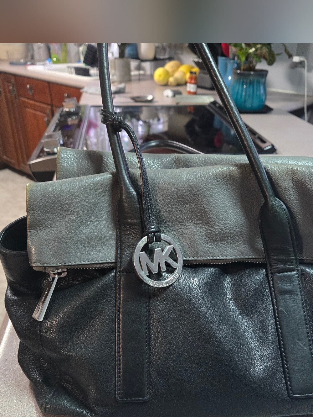 Michael Kors Black and Gray Leather Shoulder Tote
